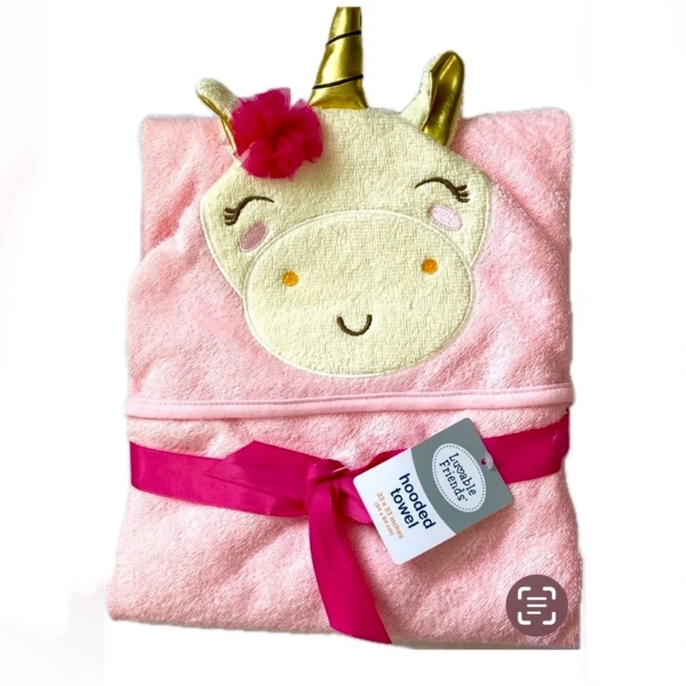 NWT Baby hooded towel Pink Unicorn Luvable Friends 33”x33” super soft cotton